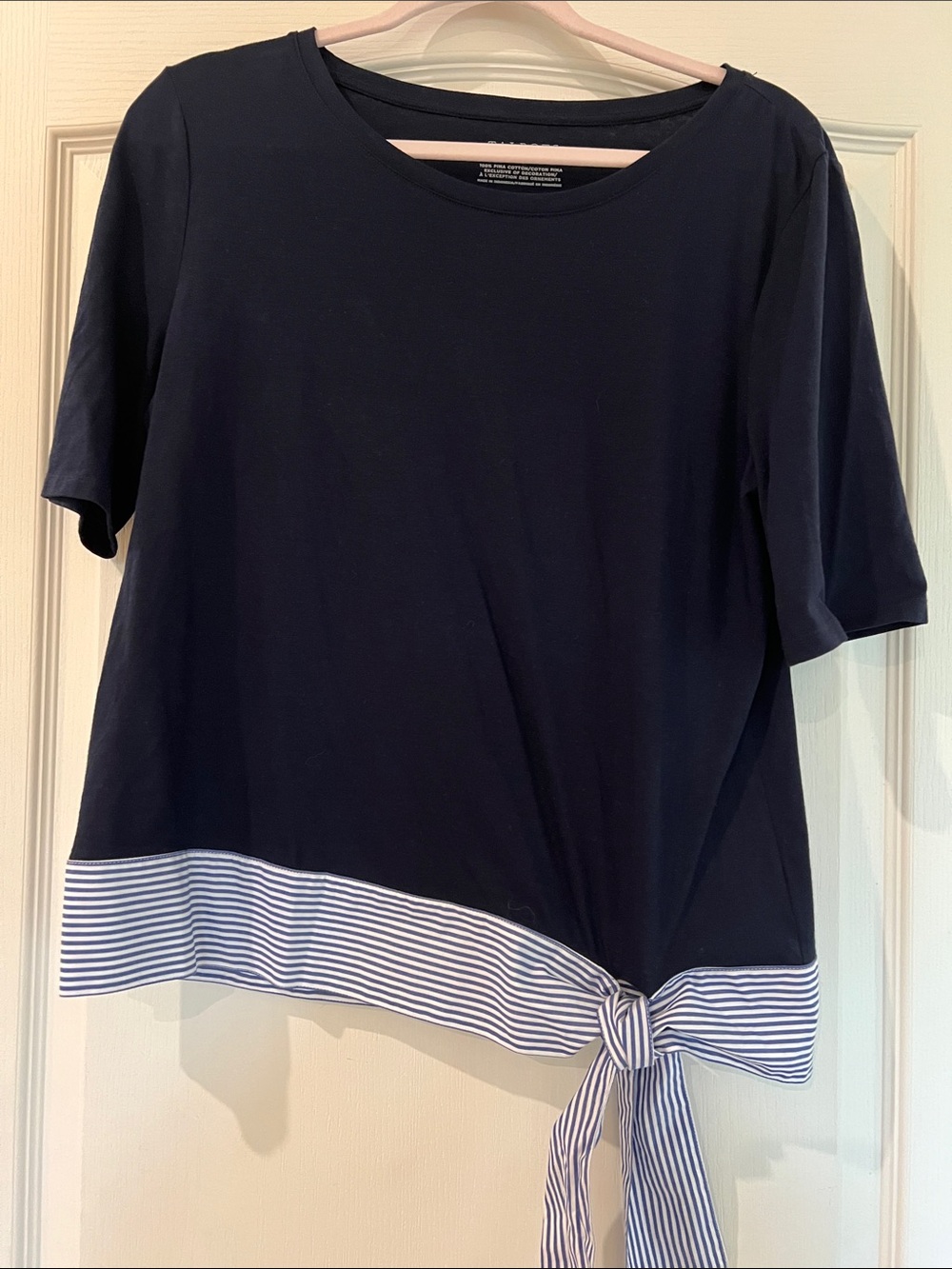 Talbots Navy Short-Sleeve Top with Striped Tie Hem